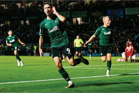  ?? Dave Crawford/PPAUK ?? Ryan Hardie celebrates his ninth goal of the season, in Tuesday’s match against Crewe Alexandra