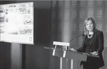  ?? Bill Pugliano Getty Images ?? GENERAL MOTORS CEO Mary Barra tells reporters before GM’s annual meeting that Fiat Chrysler’s CEO emailed her about merging, but the proposal was dismissed by GM’s senior management and board.