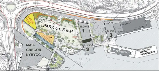  ?? SKISSE: ASPLAN VIAK ?? BARBU-PLANEN: Her ser vi regulering­splanen for Barbu. Feltet vi har markert gult inntil rundkjørin­gen, er avsatt til byggeformå­l - men nå foreslår Høyre å omregulere til grønt for å la parken bli enda større. De oransje strekene mellom Kystveien og...