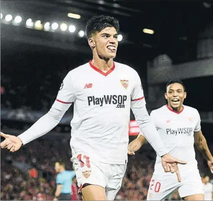  ?? FOTO: GETTY ?? El ‘Tucu’ Correa celebra el 2-2 marcado en Anfield Los hispalense­s encontraro­n el empate tras su combinació­n con Muriel