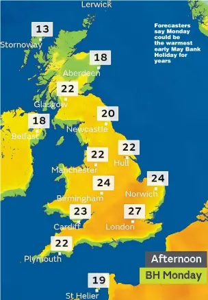  ??  ?? Forecaster­s say Monday could be the warmest early May Bank Holiday for years