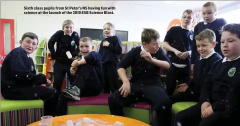  ??  ?? Sixth class pupils from St Peter’s NS having fun with science at the launch of the 2019 ESB Science Blast.