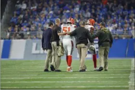  ?? RICK OSENTOSKI — ASSOCIATED PRESS ?? Jamie Collins is helped off the field Nov. 12 against the Lions in Detroit.