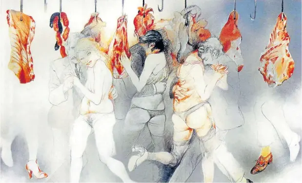  ??  ?? “Gran tango” (1975). Sostiene la autora que la carne y la violencia se funden también en las pinturas que expone en 1976, El ganado y lo perdido.