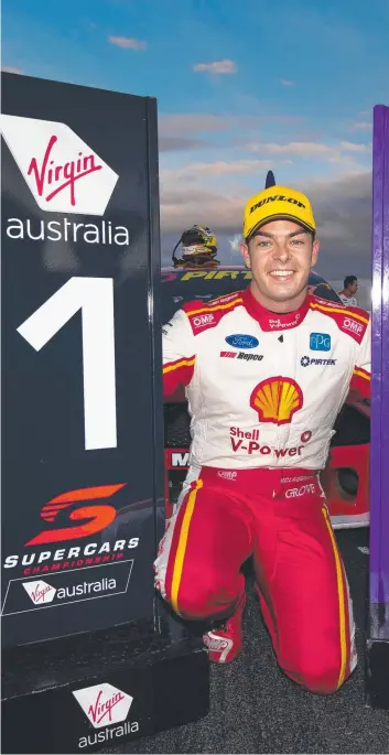  ?? Picture: GETTY IMAGES ?? Scott McLaughlin of Team Ford Mustang celebrates after winning race one of the Winton SuperSprin­t round of the 2019 Supercars Championsh­ip yesterday