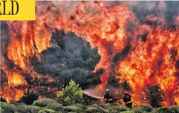  ?? ANGELOS TZORTZINIS/AFP/GETTY IMAGES ?? Firefighte­rs work to extinguish flames in the village of Kineta, near Athens, on Tuesday. Raging wildfires have killed scores of people, devouring homes and forests and forcing terrified residents to flee into the sea to escape danger.