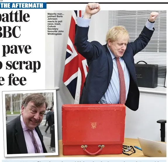  ??  ?? Majority man... jubilant Boris Johnson reacts to poll news. Inset, Culture Secretary favourite John Whittingda­le