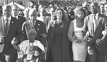  ?? (Pic: Supplied) ?? Vice President Kamala Harris addressed crowds as she stood at the Edmund Pettus Bridge during an event to commemorat­e the 59th anniversar­y of ‘Bloody Sunday’ in Selma, Alabama.