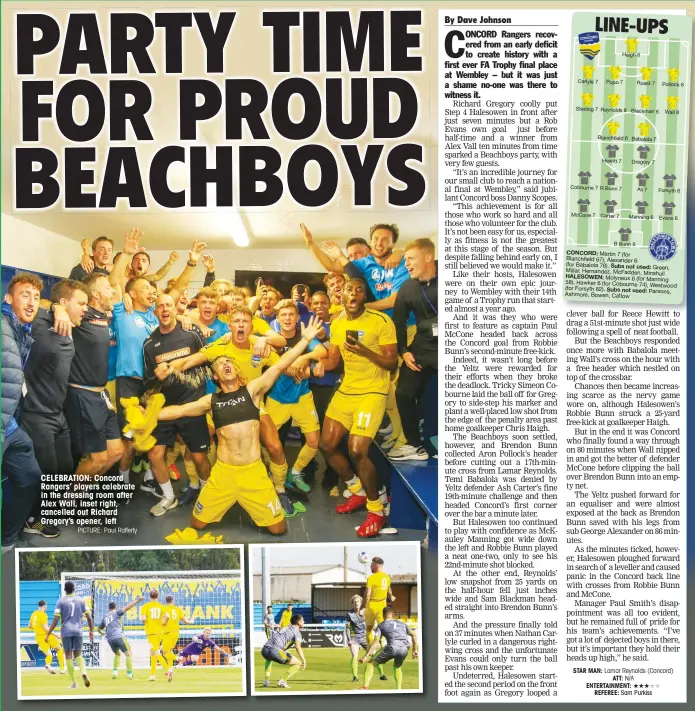  ?? PICTURE: Paul Rafferty ?? CELEBRATIO­N: Concord Rangers’ players celebrate in the dressing room after Alex Wall, inset right, cancelled out Richard Gregory’s opener, left