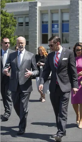  ?? PHOTOS COURTESY MANOR COLLEGE ?? Gov. Tom Wolf visits Manor College on Wednesday, May 18. He toured campus with Dr. Jonathan Peri, Manor College President.