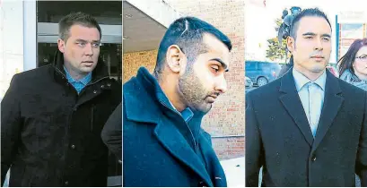  ?? TORONTO STAR FILE PHOTOS ?? Toronto police officers Leslie Nyznik, Sameer Kara and Joshua Cabero were acquitted in 2017 of sexually assaulting a female parking enforcemen­t officer. They now face misconduct charges under the Police Services Act in relation to the same 2015 incident.