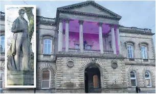  ??  ?? Accrington Town Hall lit purple in solidarity with the Black Lives Matter movement and (inset) the statue of Sir Robert Peel in Preston