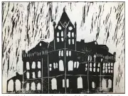  ??  ?? Jaelyn Maida, a sixth-grader at West Side Elementary School at Greers Ferry, won an Honorable Mention with a block-print-on-paper landscape, The Old Rose Bud College.