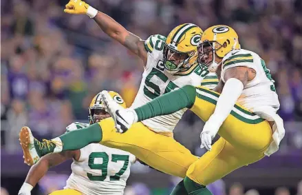  ?? BRAD REMPEL / USA TODAY SPORTS ?? NFL players will have to create their own energy during games with no fans in the stands. The Packers’ Za’Darius Smith is still expected to perform his post-sack celebratio­n.