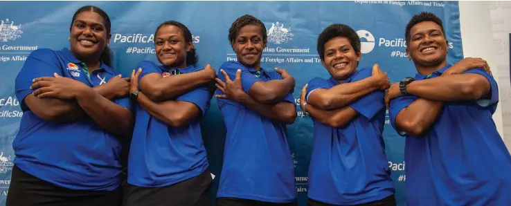  ?? Photo: Leon Lord ?? Embrace Equity...Rooster Chicken Fijiana Drua players (from left) Siteri Rasolea, Asinate Serevi, Merevesi Ofakimalin­o, mangeress Alisi Komaitai and Lavenia Tinai after a panel discussion at the RB Patel Harbour Point Convention Cenre in Lami on March 7, 2023.