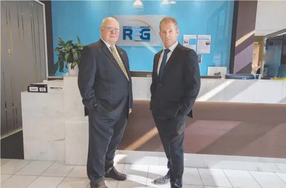  ?? Picture: SUPPLIED ?? Ray White Industrial Gold Coast's Martin Trautmann (left) and Steve Macgregor in the lobby of the RFG building at Southport.