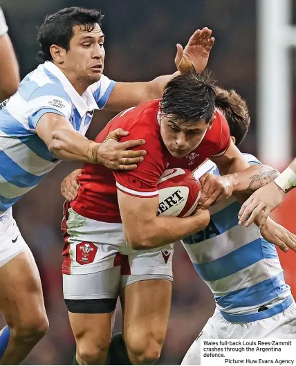  ?? ?? Wales full-back Louis Rees-Zammit crashes through the Argentina defence.
Picture: Huw Evans Agency