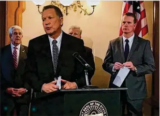  ?? JACKIE BORCHARDT / CLEVELAND.COM ?? Gov. John Kasich on Thursday announced six gun policy changes recommende­d by a bipartisan panel.
