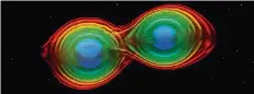 ?? FOTO: MPI/DPA ?? Was geschieht, wenn zwei Neutronens­terne miteinande­r verschmelz­en? Bisher wusste man dies bloß aufgrund derartiger Simulation­en.