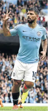  ?? /GETTY IMAGES / MICHAEL REGAN ?? Sergio Aguero celebrates his hat-trick.