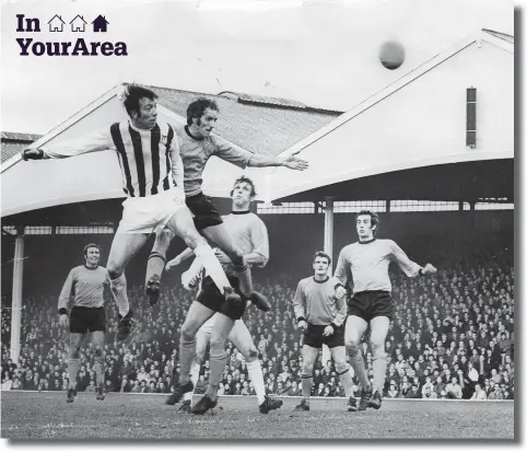  ?? John Holsgrove. ?? Black Country derby, November 2,1969: Albion defender John Talbut moves into attack, but his header is just wide of the Wolves goal . Derek Dougan is back to challenge Talbut and the Wolves men in support are skipper Mike Bailey, Dave Woodfield, Hugh Curran and