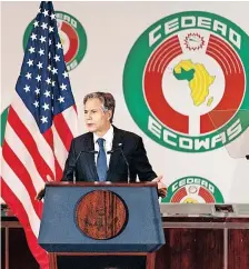  ?? | AFP ?? US SECRETARY of State Antony Blinken delivers his speech on US Africa Policy at the Economic Community of West African States in Abuja, Nigeria, on Friday. Blinken is on a five-day trip to Kenya, Nigeria, and Senegal.