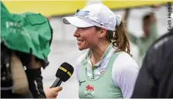  ??  ?? Larkin being interviewe­d by the BBC at the finish of the 2019 Boat Race