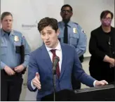  ?? Star Tribune photo
via AP ?? Mayor Jacob Frey and other city leaders hold a press conference on Minnesota Department of Human Rights findings on Wednesday in Minneapoli­s.