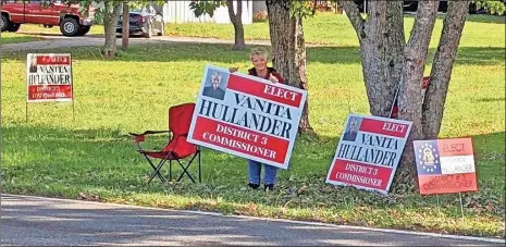  ?? Don Stilwell ?? County Commission candidate Vanita Hullander campaigns on election day (Nov. 3) on Evitt Street, across from The Freedom Center, which is Ringgold’s voting site.