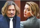  ?? BRENDAN SMIALOWSKI, POOL VIA AP ?? This combinatio­n of photos shows actors Johnny Depp, left, and Amber Heard inside the courtroom for Depp’s libel suit against Heard at the Fairfax County Circuit Court on Thursday in Fairfax, Va.