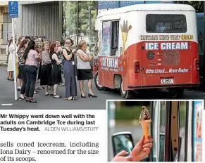  ?? ALDEN WILLIAMS/STUFF ROBERT KITCHIN/STUFF ?? Mr Whippy went down well with the adults on Cambridge Tce during last Tuesday’s heat.
The Mr Whippy franchise is for sale in New Plymouth and the region is in hot demand for one, apparently.