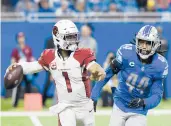  ?? JOSE JUAREZ/AP ?? Jalen Reeves-Maybin chases after Cardinals QB Kyler Murray during the Lions’ 30-12 upset victory Sunday.