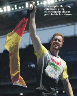  ??  ?? Christophe Harding celebrates after clinching the discus gold in his last throw