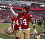  ?? NHAT V. MEYER — BAY AREA NEWS GROUP ?? The 49ers’ Fred Warner (54) heads off the field following their 36-26 win over the Arizona Cardinals in Santa Clara in November of 2019.