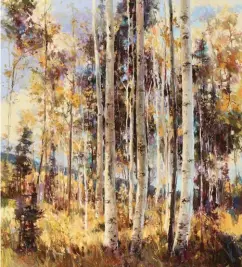  ??  ?? Top: Jeremy Browne, New Year’s Beginning, acrylic, 12 x 20”
Left: Clive Tyler, Grand Autumn, pastel, 24 x 21”