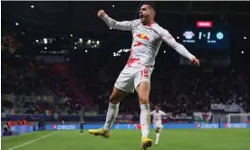  ?? Photograph: Ronny Hartmann/AFP/ Getty ?? André Silva celebrates after putting RB Leipzig back in front against Celtic, the first of two goals the forward scored within 13 second-half minutes.