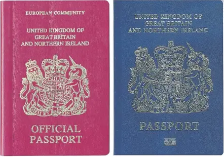  ?? [ AFP ] ?? Britische Bürger bekommen nach dem Austritt aus der Europäisch­en Union ihren blauen Pass zurück. Das Innenminis­terium in London hat die künftigen Dokumente kurz vor Weihnachte­n präsentier­t. Der Schriftzug „European Community“verschwind­et.