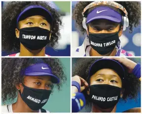  ??  ?? The Associated Press
Naomi Osaka, of Japan, wears face masks bearing the names of Black victims of police violence and racial profiling during the U.S. Open tennis tournament in New York.
