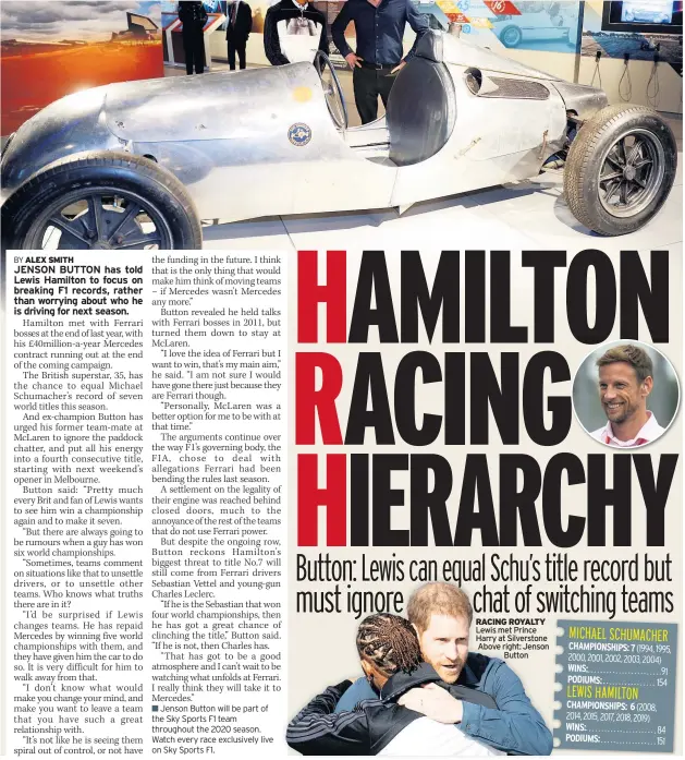  ??  ?? RACING ROYALTY Lewis met Prince Harry at Silverston­e Above right: Jenson Button