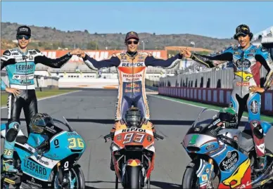  ??  ?? CAMPEONES. Mir, Márquez y Morbidelli han sido los campeones de 2017 de Moto3, MotoGP y Moto2.