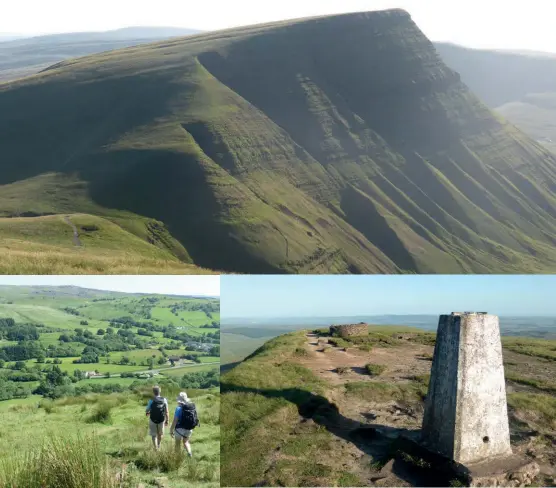  ??  ?? Cribyn & N escarpment from Pen y Fan [Captions clockwise from top] Looking back on return leg after ascent from Bwlch Blaen-Twrch, Picws Du beyond; Trig point and shelter atop Fan Brycheinio­g; View back down to Tawe valley from initial part of ascent