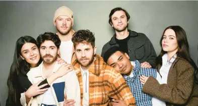  ?? TAYLOR JEWELL/INVISION ?? “Theater Camp” cast and creative team members Patti Harrison, from left, Noah Galvin, Jimmy Tatro, Ben Platt, Nick Lieberman, Owen Thiele and Molly Gordon are seen Jan. 20 during the Sundance Film Festival in Park City, Utah.