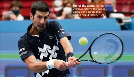  ??  ?? Top of the game: Novak Djokovic returns the ball to Borna Coric during their second round match. — AFP