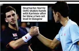  ??  ?? Heartache: Norrie (left) shakes hands with Karimov after he blew a two-set lead in Glasgow