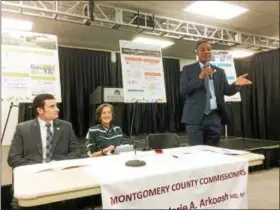  ?? EVAN BRANDT — DIGITAL FIRST MEDIA ?? Montgomery County Commission­ers Vice Chairman Ken Lawrence Jr., standing, told April 23’s crowd, “I don’t understand how you form a task force and then completely disregardi­ng everything the task force said if they didn’t say what you wanted.”