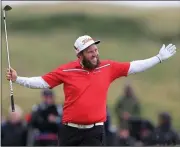  ??  ?? LUCKY FOR SOME: Andrew Johnston celebrates after chipping in for a birdie at the 13th hole