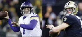  ?? BUTCH DILL - THE ASSOCIATED PRESS ?? FILE - At left, in a Dec. 23, 2017, file photo, Minnesota Vikings’ Case Keenum throws during the first half of an NFL football game against the Green Bay Packers, in Green Bay, Wis. At right, in a Dec. 24, 2017, file photo, New Orleans Saints...