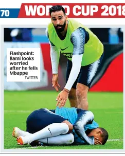  ?? TWITTER ?? Flashpoint: Rami looks worried after he fells Mbappe