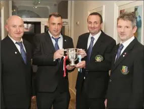  ??  ?? Referees Nicky Boland, Seamus Kelly, Anthony Tobin and Jimmy Kelly at the Wexford Volkswagen Cup final pre-game reception in Treacy’s Hotel in Enniscorth­y on Saturday night.