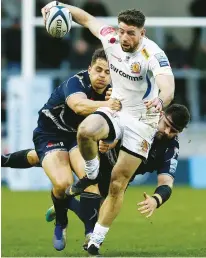  ??  ?? Threat: Alex Cuthbert makes a break for Exeter